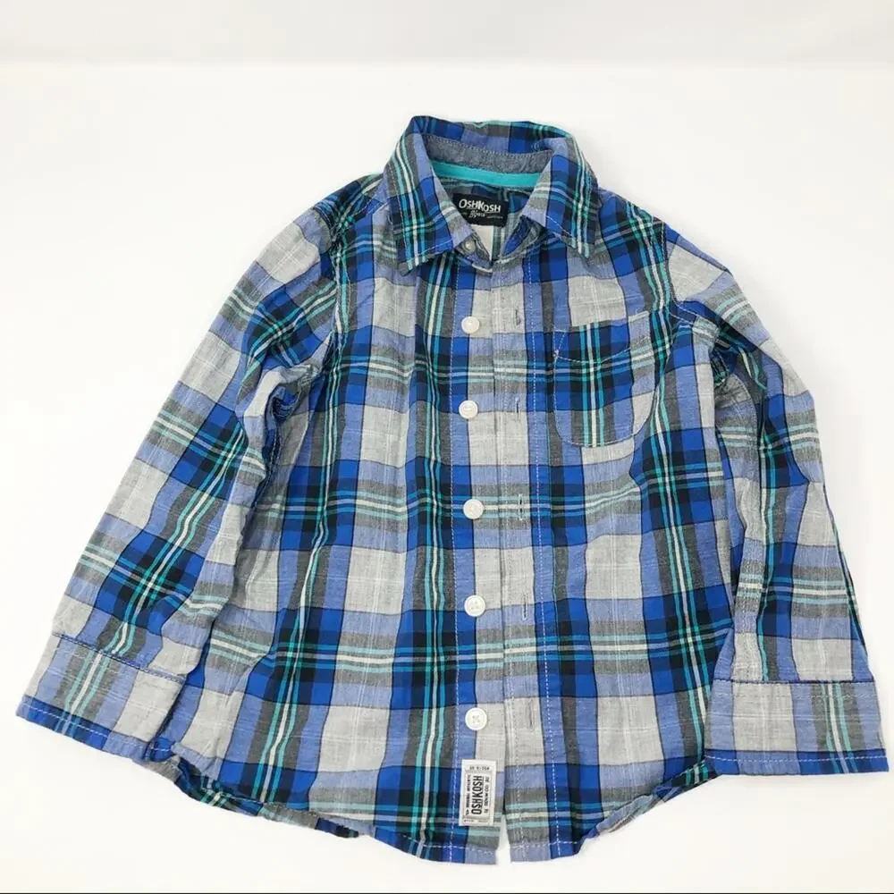 Oshkosh Boys Plaid Blue/Green Button Down Shirt Size 4T
